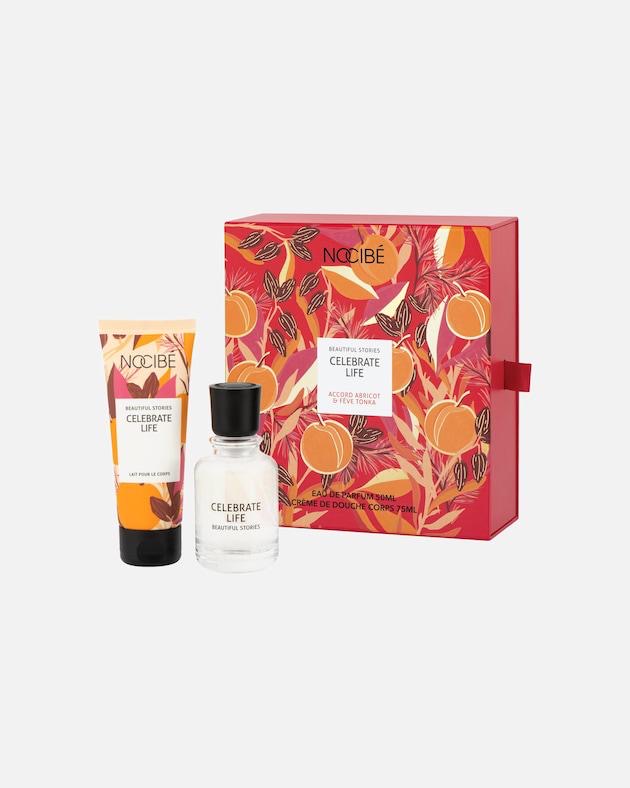 NOCIBE’ Questo è un cofanetto regalo Nocibé Celebrate Life con profumo da 50 ml e crema corpo da 75 ml.La fragranza "Celebrate Life" fa parte della collezione "Beautiful Stories" di Nocibé.Il profumo è caratterizzato da note di albicocca e fava tonka.